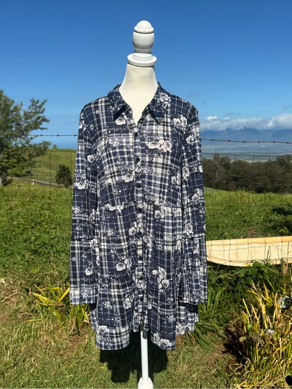 Style & Co blue black floral plaid Y2K cottage whimsyGoth baby doll tunic  top M